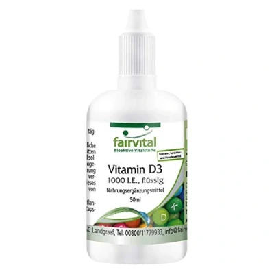 Afbeelding van Fairvital vitamine D3 1000 I.U. druppels vloeibaar met 1600 per flesje van 50ml vloeistof druppel olie