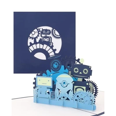 Afbeelding van Pop up kaart &quot;Funny Robots&quot; grappige robot 3D wenskaart als verjaardagskaart, voucher uitnodigingskaart cadeaubon of cadeau voor kinderverjaardag en eerste schooldag