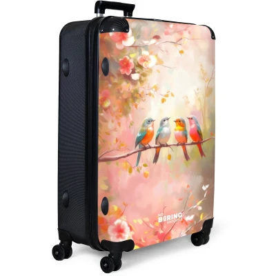 Afbeelding van NoBoringSuitcases.com® Koffer groot Reiskoffer lichtgewicht Vogels met roze bloesemtakken Rolkoffer 4 wielen Grote trolley XL 98 liter bagage