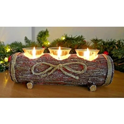 Afbeelding van Moderne Rustieke Log Kerst Kaars Theelichthouders met 3 Stijlvolle Glazen Kaarsenhouder Sterke en Robuuste Hout Effect Tafel Middenstuk Sier Bruiloft Houder Geschenken