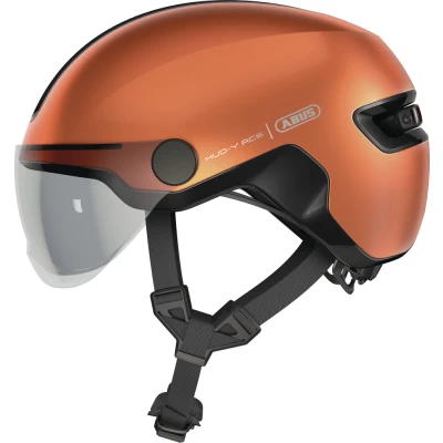 Afbeelding van ABUS HUD Y ACE cityhelm stijlvolle fietshelm met vizier en magnetisch, oplaadbaar LED achterlicht voor mannen vrouwen oranje, maat M