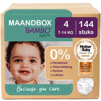 Afbeelding van BAMBO Nature Luiers Maat 4 (7 14 kg) 144 stuks Maandbox 0% onnodige toevoegingen Ideaal voor de gevoelige huid Nordic Swan Ecolabel