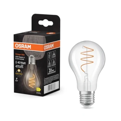 Afbeelding van OSRAM Vintage 1906 Classic ist eine warmweiße LED Lampe mit spiralförmigem Filament in klassischer Kolbenform. Sie bietet 3.4 W für 470 lm, E27 Fassung, klarfarbenes Glas, 60 mm Durchmesser, 2700 K.