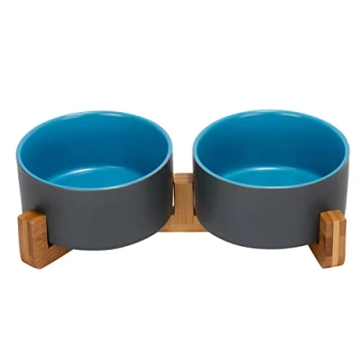 Afbeelding van SPUNKYJUNKY Hondenbak keramiek dubbele voerbak kattenbak waterbak met bamboe standaard voor hond en katten (850 ml, blauwgrijs)