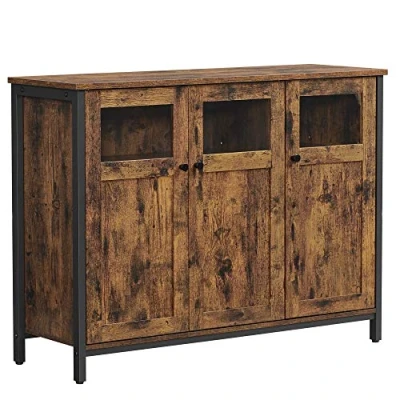 Afbeelding van VASAGLE dressoir, keukenkast, opbergkast, met glazen deuren, voor woonkamer, keuken, eetkamer, stalen frame, industriële stijl, vintage bruinzwart LSC099B01