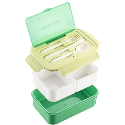 Afbeelding van VIVIIHOO Broodtrommel met vakken, lekvrij en incl. bestek Bento Box voor school, werk picknick, 1400ML Vesperbox kinderen volwassenen, 3 vakken &amp; magnetronbestendig, groen