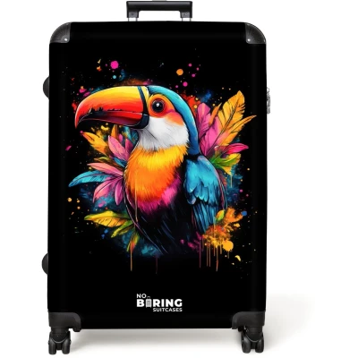 Afbeelding van NoBoringSuitcases.com® Koffer groot Reiskoffer lichtgewicht Toekan met tropische bladeren Rolkoffer 4 wielen Grote trolley XL 98 liter bagage