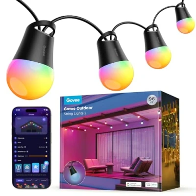 Afbeelding van Govee Slimme buitenverlichting, 30M RGBIC lampen met dimbare warmwitte LED lampen, 47 scènemodi voor terras, achtertuin, IP65 waterdicht, werkt Alexa, app bediening