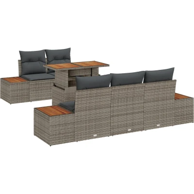 Afbeelding van vidaXL 6 Delige Tuin Eetset met Kussens Grijs Poly Rattan Acacia