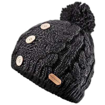 Afbeelding van Black Crevice gebreide muts voor dames in vlechtpatroon, wintermuts met pompon en knopen, eenheidsmaat, muts, zeer warme fleece binnenvoering, wintermutsen