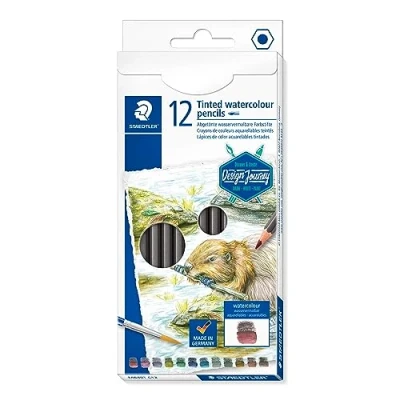 Afbeelding van STAEDTLER Design Journey 14610T C12 getinte waterkleurbare stiften 146, klassiek zeskantformaat, zachte en intense vulling, 12 aquarelkleuren in kartonnen etui
