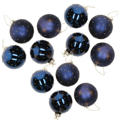 Afbeelding van Kerstballen 12 stuks blauw gedecoreerd glas 6 cm