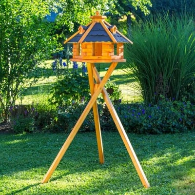 Afbeelding van Deko Shop Hannusch Vogelhuisje, vogelhuis met bitumen shingles, behandeld standaard, vogelvoederhuis voedersilo, silo