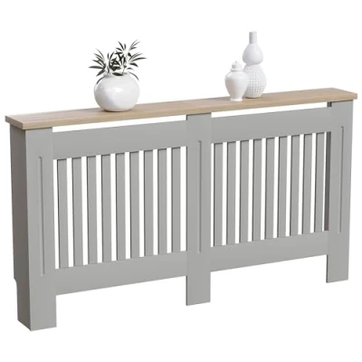 Afbeelding van Vida Designs Arlington Radiatorafdekking, moderne, grijs gelakte kast van vezelplaat met gemiddelde dichtheid, lamellen, groeven, bovenste plank hout, groot