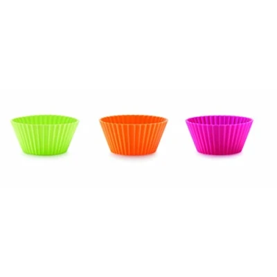 Afbeelding van Lékué set van 12 geribde muffinvormen uit silicone roze; oranje en groen Ø 7cm H 3.5cm
