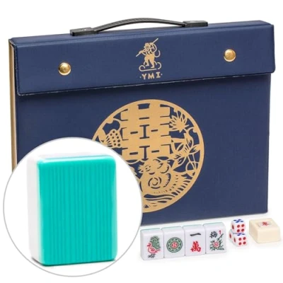 Afbeelding van Yellow Mountain Imports &#039;Celestial Opal&#039; Chinees Mahjong Set met 146 Stenen en Blauwe Vinyl Koffer — alleen voor stijl spel [天体蛋白石 中国麻将]