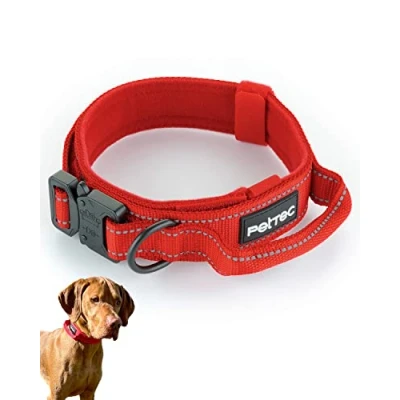 Afbeelding van PetTec Hondenhalsband van neopreen en nylon, halsband met handvat voor kleine grote honden, zacht gevoerd (S XL), uiterst robuust waterafstotend, verstelbaar, rood