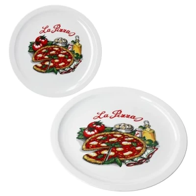 Afbeelding van MamboCat La pizza Pizzaborden, set van 2, diameter 30,5 cm, voor 2 personen, grote pizzaborden porselein met decor en letters, pizza&#039;s of om op te zetten, XL platte borden,