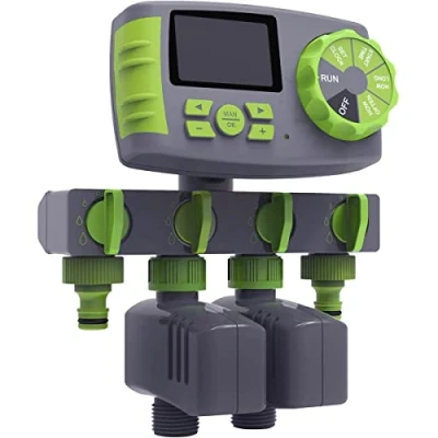 Afbeelding van 4 uitgangen besproeiingscomputer watertimer incl. een weg waterverdeler, 2 magneetkleppen tuinirrigatie klok irrigatiesysteem, groen