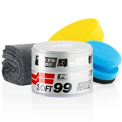 Afbeelding van detailmate Soft99 Autowaxset voor grijze tinten, Pearl &amp; Metallic Soft Autowas, lakverzegeling, lakbescherming, 320 g + handpolijstspons applicator microvezel polijstdoek 550 GSM 40 x cm