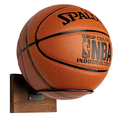 Afbeelding van PUERSI Balhouder, hout, wandhouder, basketbalhouder, wandmontage, wandhouder voor basketbal, voetbal, volleybal, rustiek bruin