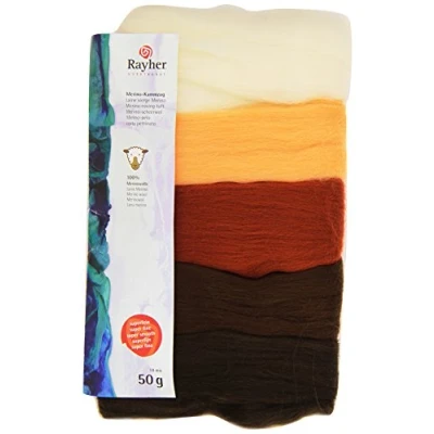 Afbeelding van RAYHER HOBBY 5365400 Viltwol, merinowol, 18 mic, 5 kleuren, bruintinten, 100% scheerwol, 50 g