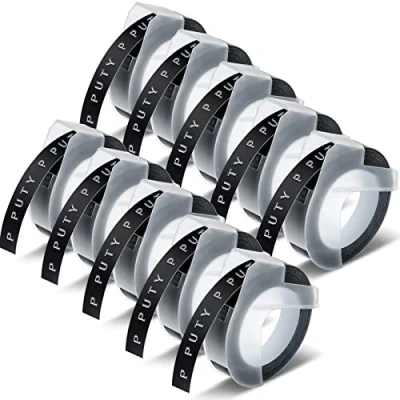 Afbeelding van P PUTY Labeltape, 9 mm, wit op zwart, 10 rollen, compatibel met Dymo Omega Junior, embossingtape vervanging