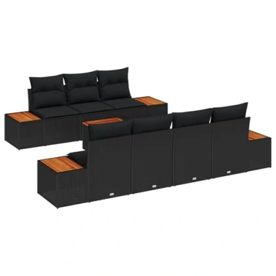 Afbeelding van vidaXL 8 delige zetelset voor in de tuin met kussens zwart poly rattan en acaciahout