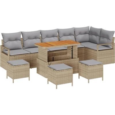 Afbeelding van vidaXL 10 delige tuinsofa set met kussens beige poly riet acacia, 2 zits riet, 4 tuin eetset acacia