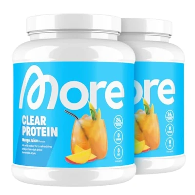 Afbeelding van MORE Clear Protein Wei Isolaat Poeder, Mango Juice, 2 x 600 g, 40 Porties Lactosevrij Poeder voor Spieropbouw en Herstel, Gemaakt in Duitsland
