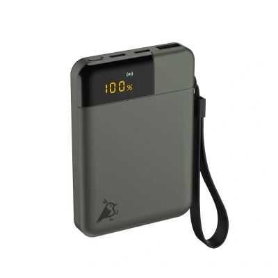 Afbeelding van Aqiila Powerbank 5000 mAh, 12 W, lcd display, 2 x USB C, 1 A, draagbare oplader, doorvoerladen, licht en compact, soft touch oppervlak, Powerbird mosgroen in plasticvrije verpakking