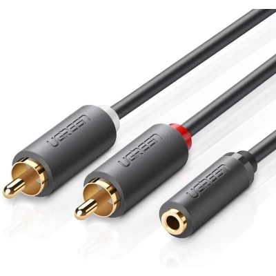 Afbeelding van 20cm lang Ugreen 2 x RCA Tulp naar audio 3.5mm Zwart kabel