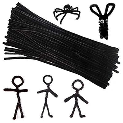 Afbeelding van 200 Stuks Pijpenragers, Chenilledraad, Pijpreinigers Chenille Stengels Sticks voor DIY Kunst Creatieve Ambachten Decoraties Halloween Kerstfeest Gift (Zwart)