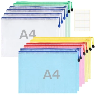 Afbeelding van Zanfqvo A4 documentenvakken, 12 stuks, met ritssluiting, waterdicht, kunststof vakken voor documenten, kantoren, leveringen, cosmetica (5 kleuren)