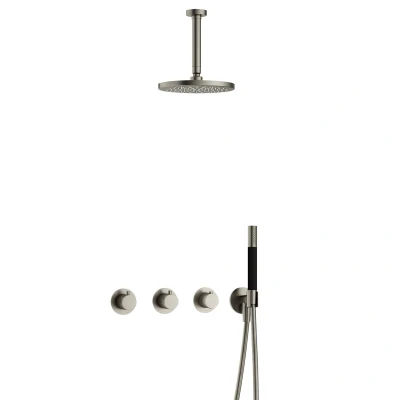 Afbeelding van Hotbath Cobber Regendoucheset IBS70 Geborsteld Nikkel Staaf handdouche 20cm Hoofddouche 15cm Plafondbuis Handouche met wandhouder