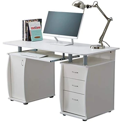 Afbeelding van RayGar Wit Deluxe Design Computer Bureau Met Kast En 3 Laden Voor Thuiskantoor Tafel Werkstation Nieuw (Wit)