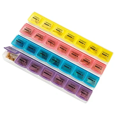 Afbeelding van Monthly Pill Organizer 28 Day Planner to Separate Pills &amp; Vitamins Week Week, Travel Medication Reminder Daily Monday Sunday Compartments