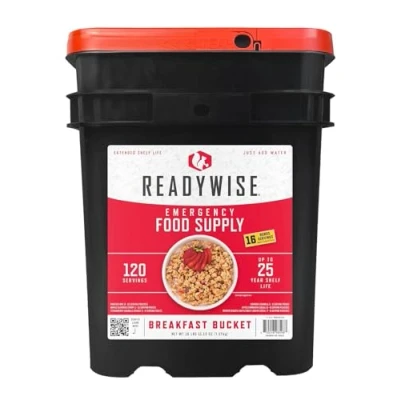 Afbeelding van ReadyWise, 120 Portie, Alleen ontbijt, Grab &amp; Go Bucket, Gevriesdroogd, Langdurige voedselvoorziening, Voedselvoorziening voor noodgevallen, 25 jaar houdbaar
