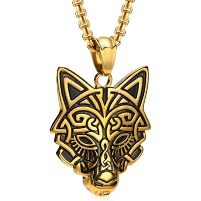 Afbeelding van Wolf Heren Ketting met Hanger Goud Kleurig Staal Kettingen Cadeau voor Man Mannen Cadeautjes