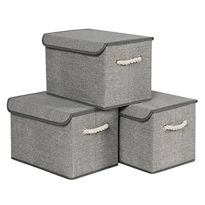 Afbeelding van SONGMICS opbergdozen, set van 3, stoffen dozen met deksel, handgrepen katoen, linnen look, grijs RFB013G02