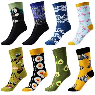 Afbeelding van GuKKK Heren grappige kleurrijke sokken, 8 paar casual sokken met patroon, modieuze trendy crew voor heren, fun patroon zakelijke herensokken, Meerkleurig, One Size