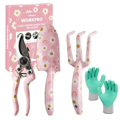 Afbeelding van WORKPRO Tuingereedschapset 4 delig, Tuingereedschap met Geschenkverpakking, Tuinschep, Bloemenspaan, Snoeischaar, Handschoenen, Cadeaus voor Tuinmannen, Tuincadeau, Roze