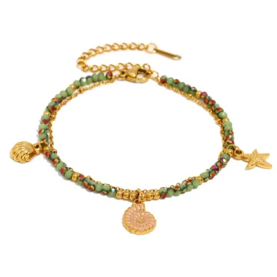 Afbeelding van Boho kleurrijke armband groene tinten goud hangers dubbele armbandje roestvrij staal