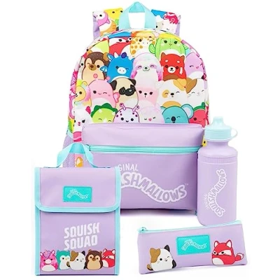 Afbeelding van Squishmallows Meisjesrugzak 4 delige schooltassenset met lunchtas, waterfles en etui Paars ontwerp voor knuffelliefhebbers Accessoires georganiseerde schooldagen