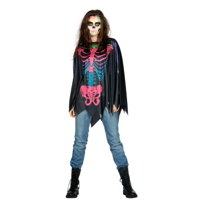 Afbeelding van Wilbers &amp; Spook Skelet Kostuum Kleurenbom Poncho Roze, Zwart One Size Halloween Verkleedkleding