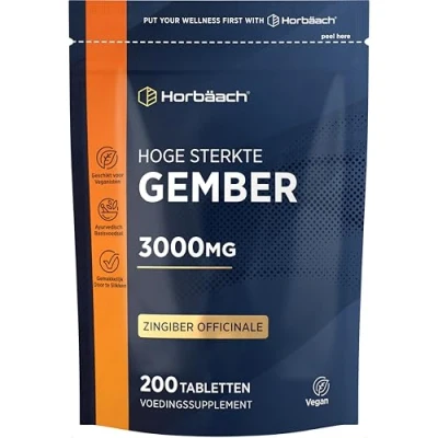 Afbeelding van Gemberwortel Extract 3000mg 200 Veganistische Tabletten Ginger Root Hoge Gedoseerd Gemberextract Horbaach