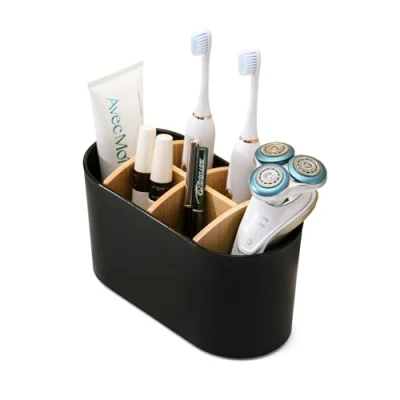 Afbeelding van Zwarte tandenborstelhouders voor badkamer met bamboe compartimenten, elektrische tandenborstelhouder antislip onderkant, 6 sleuven tandenborstelorganizer, multifunctionele opbergbak