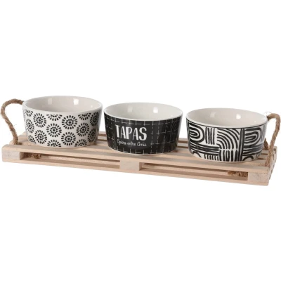 Afbeelding van Excellent Houseware Serveerplank hout 23x9cm met 3st porselein schaaltjes