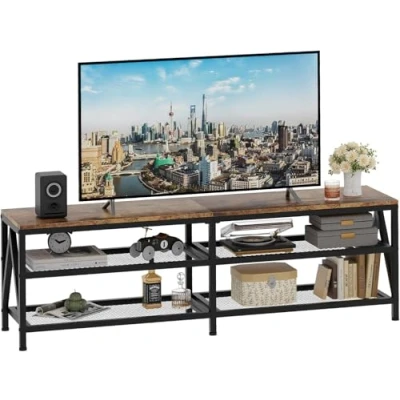 Afbeelding van tv kast, televisietafel, lowboard voor tv&#039;s tot 70 inch, kast met 3 open vakken, plank woonkamer, slaapkamer, 160 x 40 50 cm, industrieel design, stalen frame, bruin