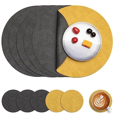 Afbeelding van Myir JUN Lederen Placemat Rond en Onderzetters, Tafelmatten Waterdichte Afveegbare Dubbelzijdige Plaats Matten Koffiematten Antislip Wasbare Placemats Coaster (Grijs Geel, Sets 6)